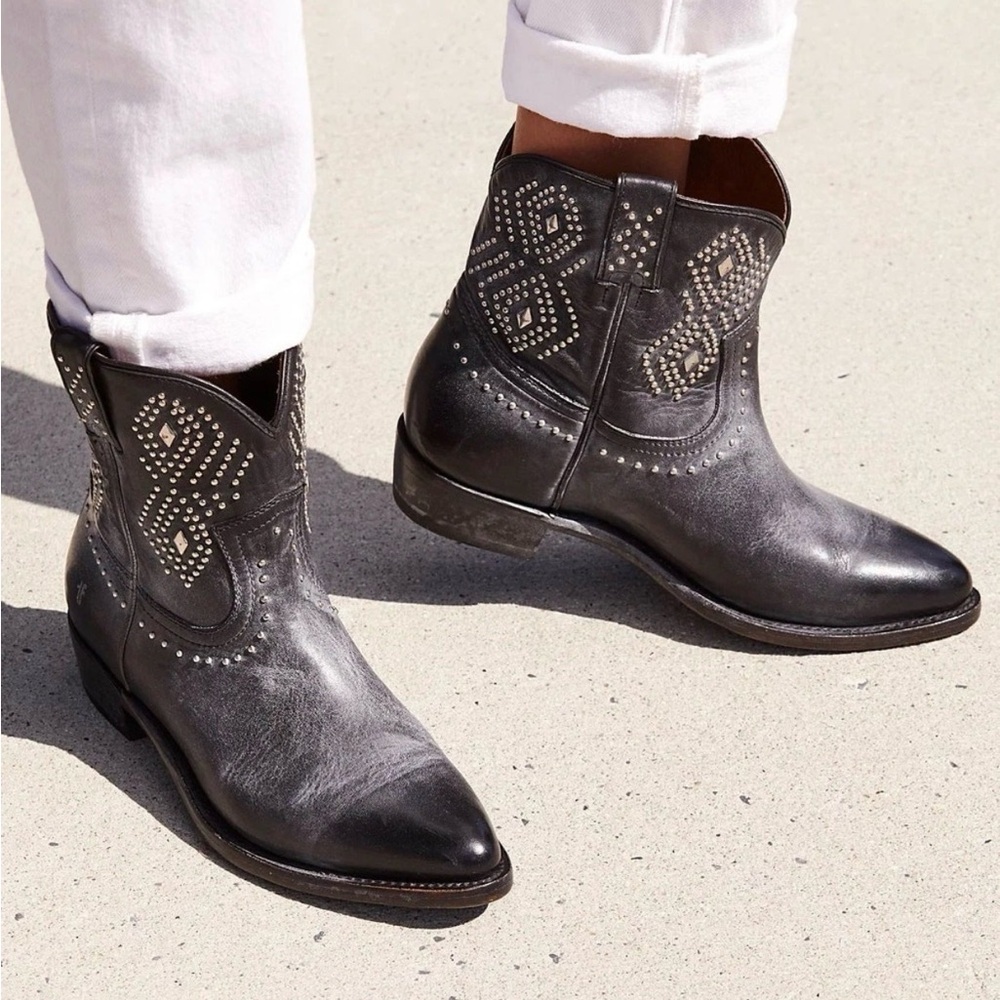 Frye Black Leather Stud-Embellished Ankle Booties